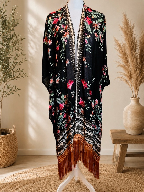 Aratta Sweaters - Aratta Black Floral Fringe Kimono Shrug